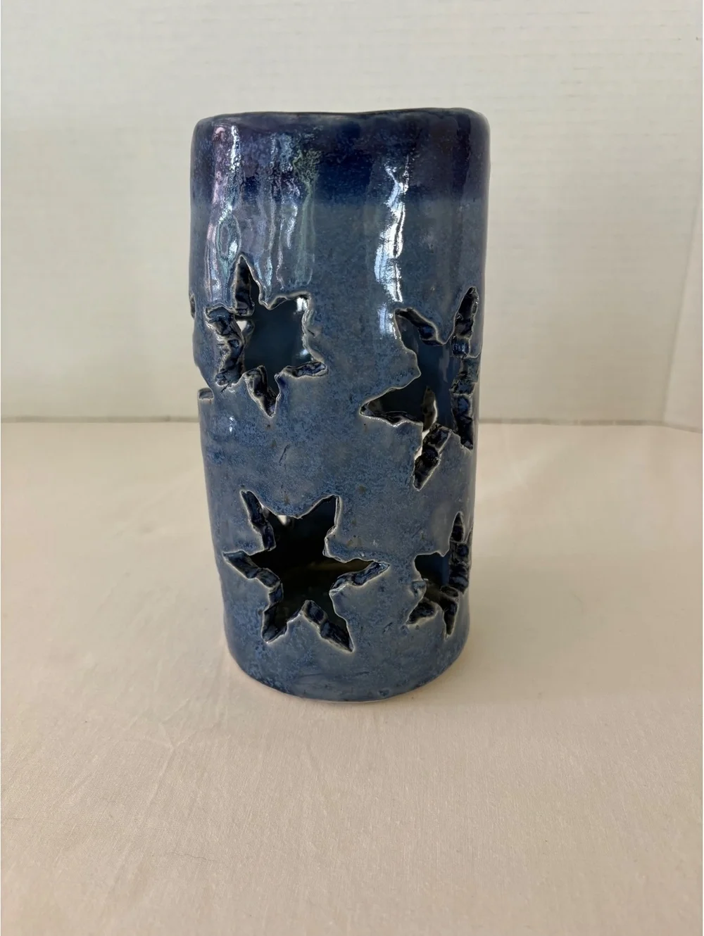 Vintage Signed Studio Pottery Star Cutout Ceramic Candle Holder Lantern JL